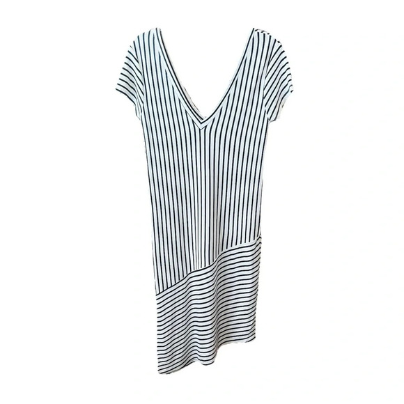 Zara asymmetrical deep v-neck stretch midi dress SZ M black white stripe - Picture 1 of 8